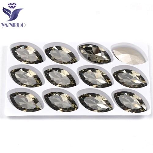 YANRUO 4227 Navette 17x32mm Black Diamonds Sewn Horse Eyes Rhinestones For Wedding Dress Glass Pointback Fancy Stones