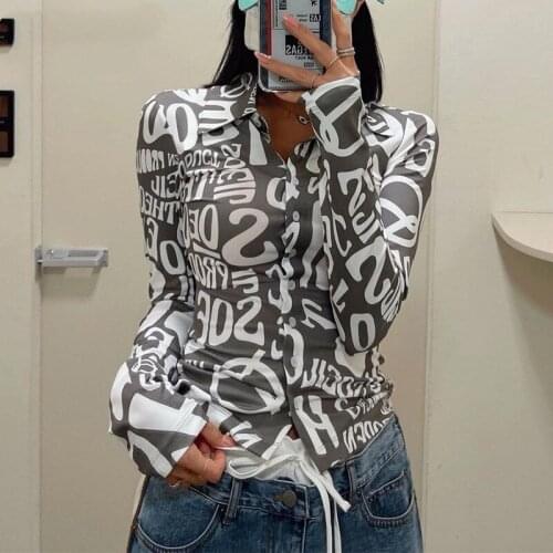 Y2K Women Button Down Lapel Shirts Vintage Letter Print Long Sleeve V Neck Slim Fit Tops
