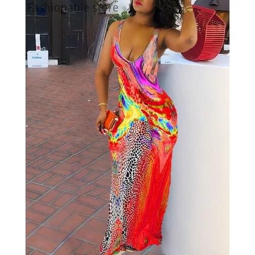 Women Colorblock V-Neck Sleeveless Strap Backless Maxi Dress