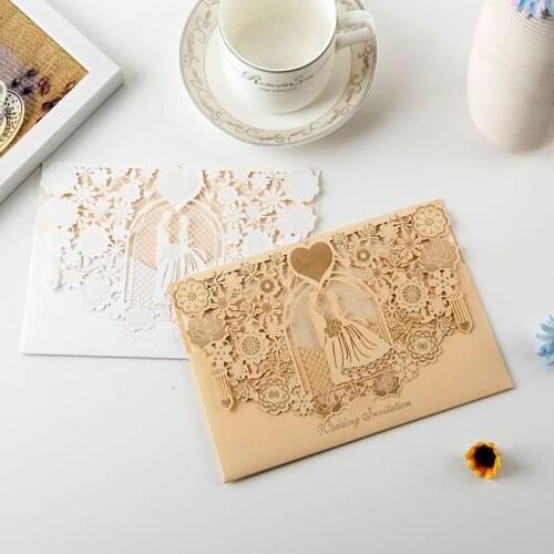 10/20/50pcs/lot Gold White Bride & Groom design Laser Cut Wedding Cards Wedding Invitations Laser Cut Invitations Party Supply
