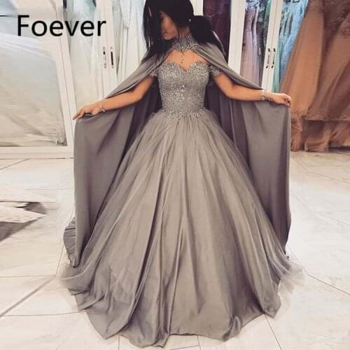 2019 Grey Ball Gown Evening Dresses with Cape Off the Shoulder Appliques Sequined Make Up Gowns Puffy Skirt Pleat Pageant Dress