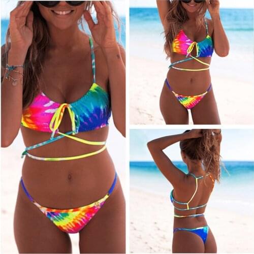 2021 Bikinis Womens Two Piece Swimsuit Multicolor Tie-dye Printing Bandage Twine Split Body Bikini for Female Beach Wear