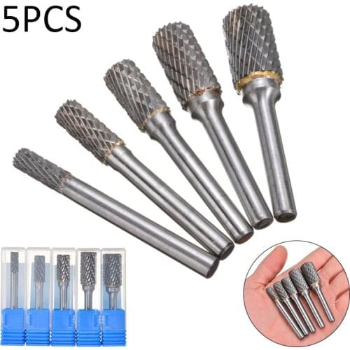 5Pcs 1/4'' Shank Tungsten Carbide Milling Cutter Rotary Tool Burr Double Cut Rotary Electric Grinding CNC Engraving Tool 6-14mm
