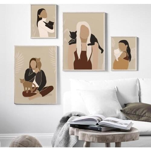 Abstract Girl Cat Dog Monstera Wall Art Canvas Painting Nordic Posters And Prints Minimalist Wall Pictures For Living Room Decor