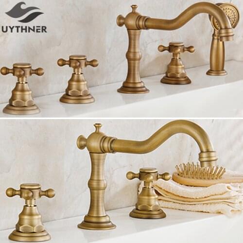 Uythner Antique Brass Bathtub Faucet Dual&Three Handles Bathroom Bathtub Faucet Deck Mounted Hot and Cold Water Mixer Basin Tap