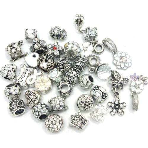 Free shipping new 40pcs mix style white color rhinestone and oil-drip charms beads fit European bracelet DIY