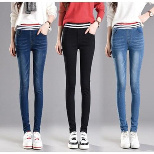 Streep Elastische Taille Vrouwen Jeans Hoge Taille Potlood Broek Vrouw Stretch Skinny Broek Mujer Bekrast Elastische Slanke Jean