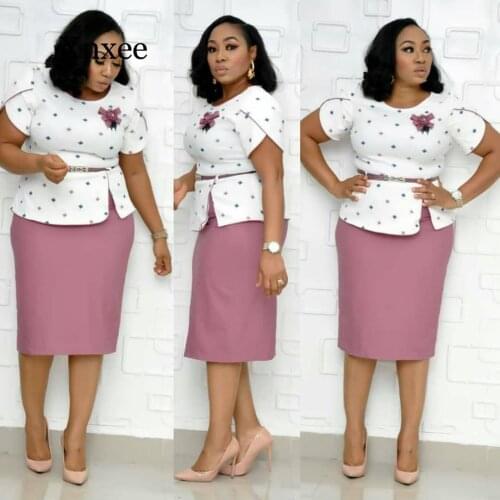 Elegant formal skirt set o-neck african women printing plus size two pieces sets top and skrits XL-5XL short sleeve knee length