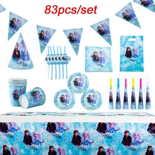 Blue 83pcs/set Frozen Birthday Party Decorations For Girls Disposable Tableware Elsa Princess Theme Baby Shower Party Supplies