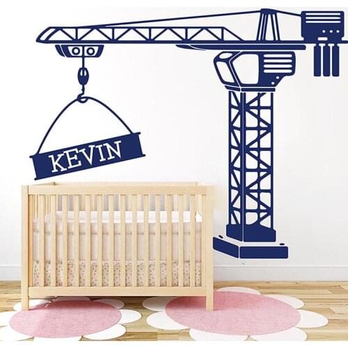 Custom Name Construction Tower Crane Wall Sticker Boy Room Kids Room Personalized Name Construction Truck Wall Decal Playroom