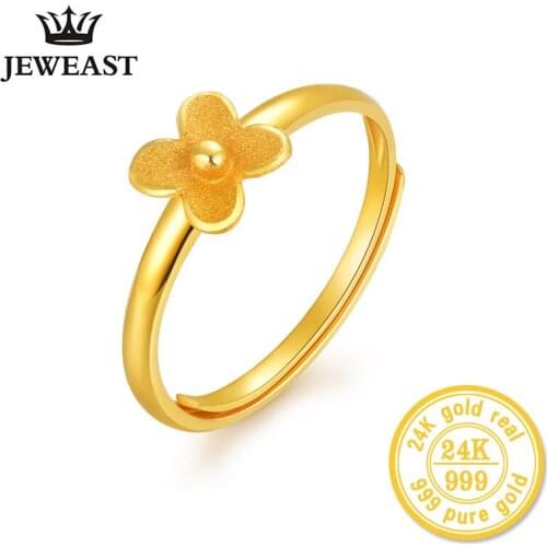 XXX 24K Gold Ring Real Solid Au999 Fine Jewelry Ladies Gold Matte Clover Small Floral Live Mouth Tail Ring Trendy New Party Hot