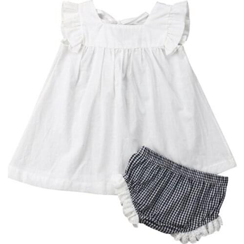 Newborn Baby Girls Clothes Set Infant Kid Summer Outfit Princess Toddler White Dress Top+Lace Plaid Tutu Shorts 2pcs 0-24M