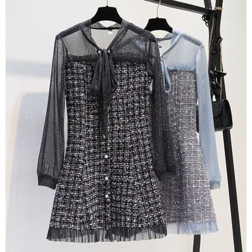 Autumn Fashion Long Sleeve Mini Dress Women Tweed Patchwork Mesh Ruffles Elegant Vintage Korean Slim Plaid Woolen Dress Vestidos