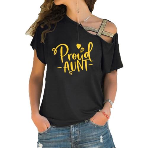 Fashion Womens T-shirt Proud Aunt Letters Printed Women Casual Cotton FunnyIrregular Skew Cross Bandage tees tops