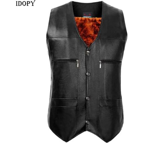 Idopy Men`s Leather Vest Fur Winter Warm Fleece Lining Faux PU Sleeveless Jacket Waistcoat
