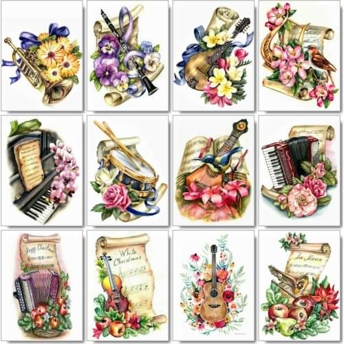 Huacan DIY Diamond Embroidery Kit Musical Instruments Diamond Painting 5d Mosaic Full Square Flower Modular Pictures