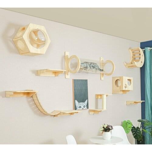 Solid Wood Wall-mounted Cat Litter Cat Tree Integrated Platform Springboard Climbing Ladder
