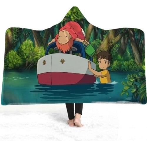Goldfish On The Cliff Hooded Blanket Japan Anime Fleece Blanket 3D Print Nap Office Throw Blanket For Kids Teen Wearable Blanket