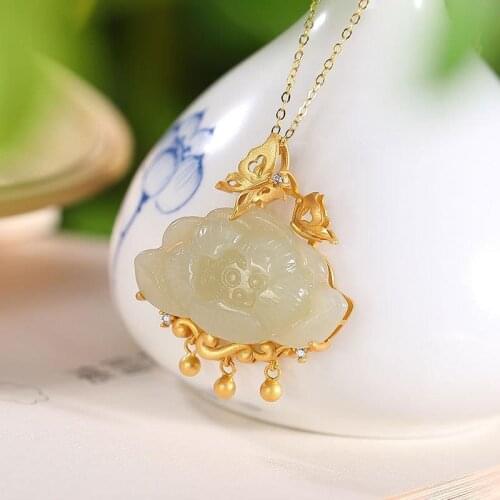Original new ancient gold craftsmanship inlaid butterfly Hetian jade lotus necklace pendant Chinese style ladies silver jewelry