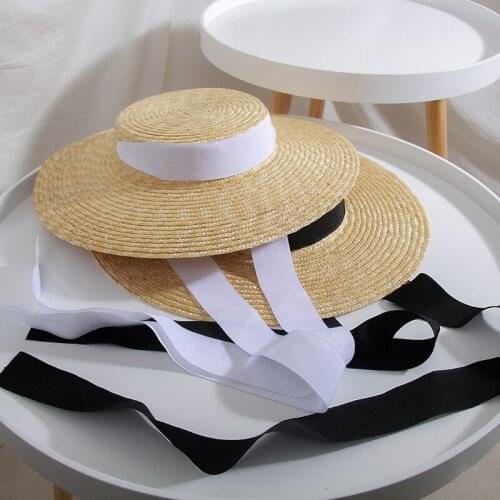 2021 New Wide Brim Boater Hat Straw Hat Flat Women Summer Derby Hat Beach Long Ribbon Lady Fedoras Sun Hat Beach Cap Cape Chapeu