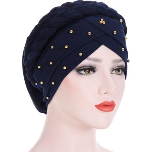 Beaded Turban For Muslim Women Head Wrap Solid Color Turban with Braid Ladies Hair Cover Elegant Luxury Nailed Indian Hat New