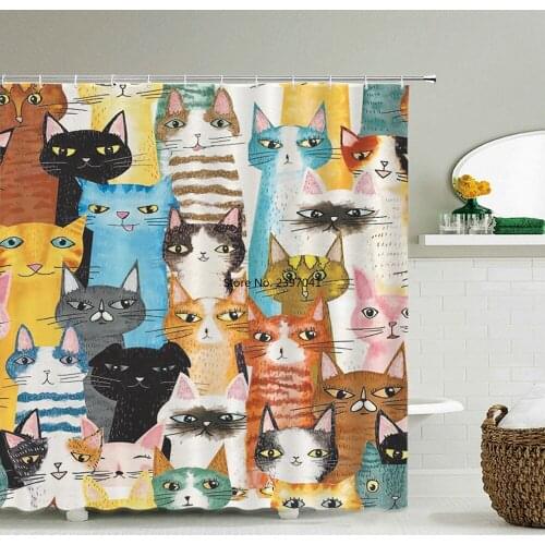 Waterproof Shower Curtain Cartoon lovely Cat Printed Bath Curtain Polyester Fabric Baby Bath Decor Shower Curtains With 12 Hooks