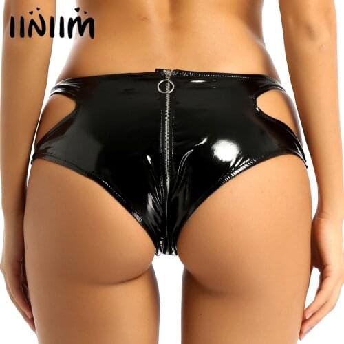 Womens Sexy Ladies Latex Lingerie Panties Leather Zipper Crotch Briefs Sexy Fashion Pole Party Low-waisted Underwear Underpants
