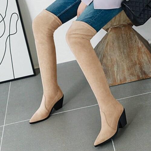 Ladies New Thigh Boots Flock Elastic Slip On Pointed Toe Riding Boots Ladies Fashion Autumn Winter Thick Heel Womens Shoes