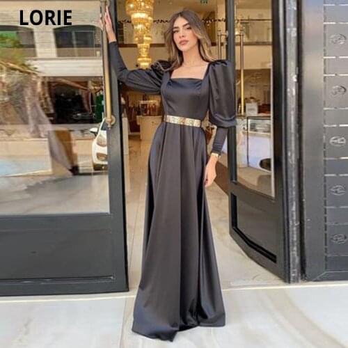 LORIE 2021 Satin Square A Line Evening Dress Long Puff Sleeves Beads Simple Dubai Arabic Women Formal Prom Gowns Robes De Soirée