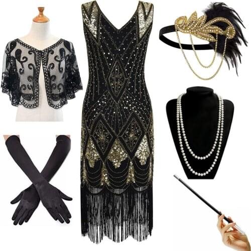 Women 1920s Vintage Flapper Long Fringe Beaded Gatsby Party Dress with 20s Accessories Set(6PC)
