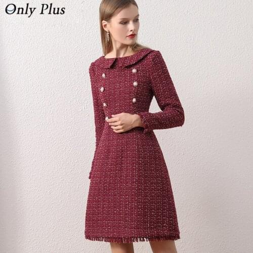 2021 New Tweed Dress Warm Winte Womens Woolen Plaid OL Wine Vintage Dresses A-Line Party Evening Elegant Ladies Vestidos