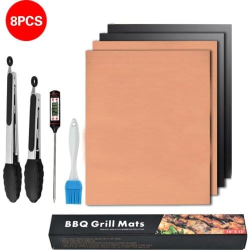 8PCS BBQ Grill Mat Tools Oil Brush+Clips+Food Digital Temperature Gauge Barbecue Pad Non-stick Baking Placemat Sheet for Outdoor