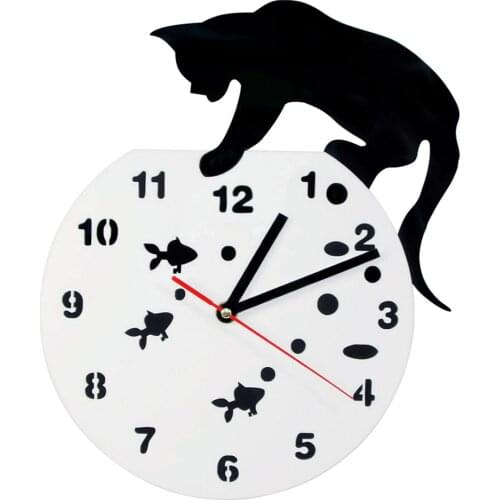 The Cat and Fishbowl Acrylic Wall Clock Creative Children Room Decorative Cat Theme Modern 3D Wall Clock
