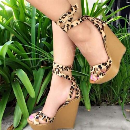 BERZIMER SUPER Women Platform Wedge Sandals Leopard Party Sandalias Pumps Zapatos Mujer Shoes Summer Woman Large Size 45 49 52