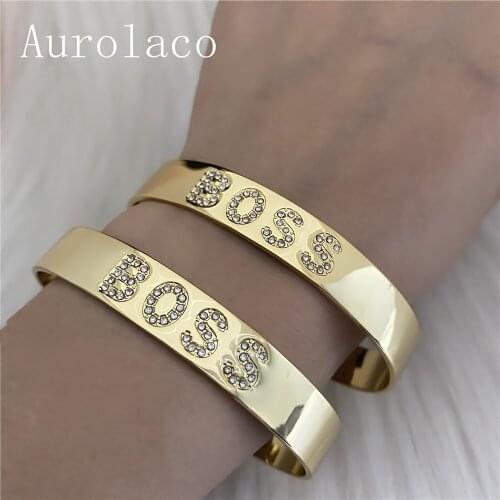 AurolaCo Customized Name Bracelet with Diamon Letter Personalized Custom Cuff Bangles Women Men Stainless Steel Jewelry Gifts