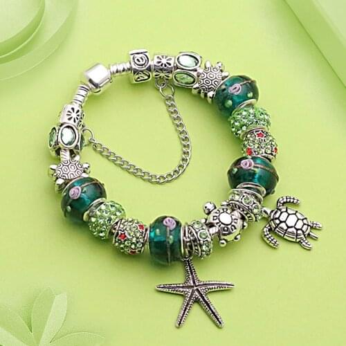 Green Murano Charm Bracelet Ocean Animal Tortoise Beads Bracelets Fashion Flower Crystal Bangle Bracelets for Women Gift