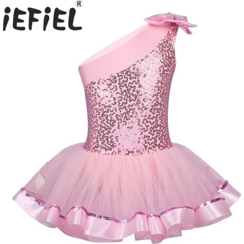 Sequins Kids Girls One Shoulder Ballet Dance Clothes Bowknot Shiny Ballet Dance Gymnastics Leotard Tutu Performance Dresses
