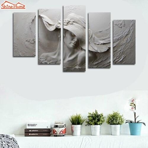 ShineHome-5pcs Photo Canvas Painting European Embossed Cement Characters Sculpture Printing Prints for Living Room Bedside Wall