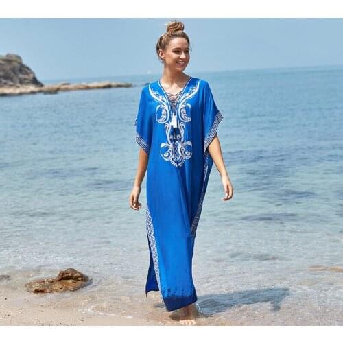 Embroidery Cotton Beach Dress Bikini Swimsuits Cover Up Women Tunic Pareo Sarong Beachwear Blouse Robe Long Kimono