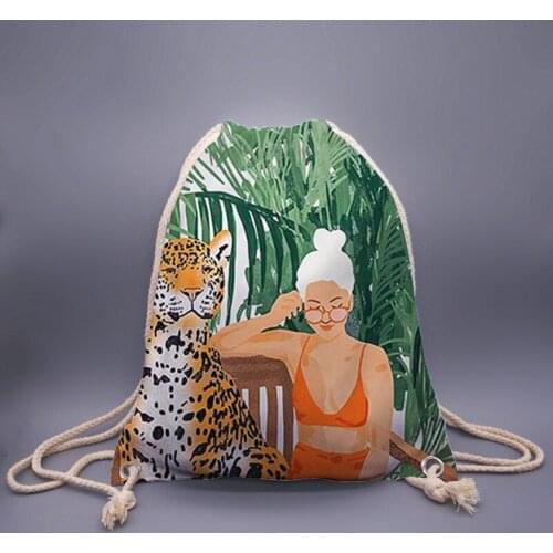 3d printed canvas female drawstring pocket jungle tigers and beauty schoolbag backpack print retro student backpack