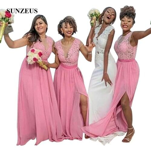 Illusion Bodice Appliques Bridesmaids Dress Pink Chiffon Party Gowns For Wedding Women Long Beach Dress