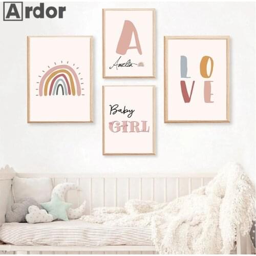 Baby Girl Custom Name Canvas Painting Nursery Rainbow Wall Art Print Love Poster Nordic Wall Pictures For Girls Room Decoration