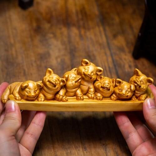 Chinese Gifts a group of piglets statue wood Pet Lucky Pig sculpture craft miniature Crafts Home decorations new year