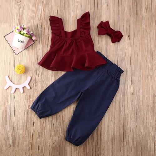 Fashion New Summer Toddler Girls Outfits Set Clothes Ruffle Sleeveless Tops+Bow Pants+Headband 3pcs Girls Children Clothing Set
