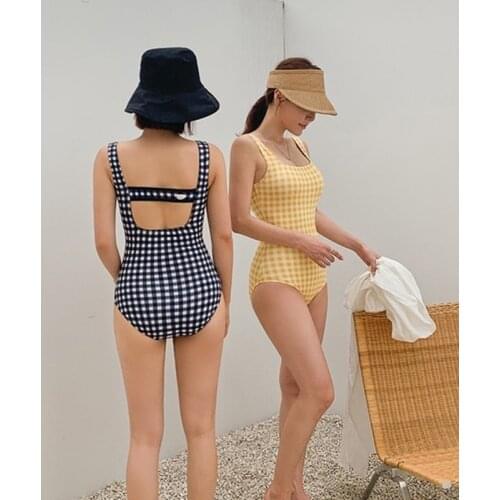 Korean Women Plaid One Piece Swimsuit Sexy Monokini Badpak Luxury Shoulder Retro Bathing Suit Tummy Control Swimwear