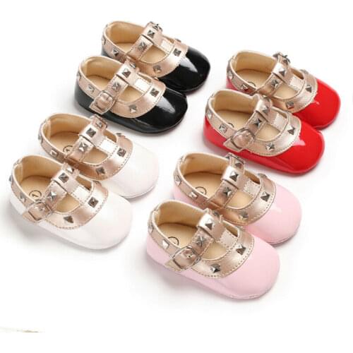 Newborn Baby Girls Bow Princess Soft Sole Crib Leather Shoes 4 Solid Colors Buckle Strap Flat With Heel Baby Shoes