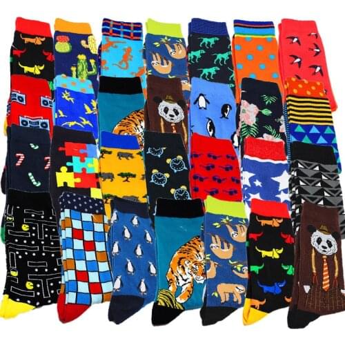 Fashion large size mens socks combed cotton funny crew socks cartoon animal tiger dog bear exquisite novelty mens gift socks