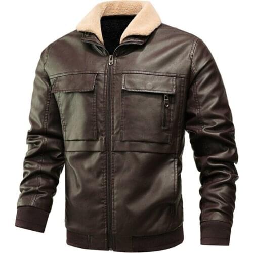 Fad New Autumn Winter Leather Jacket Men Fur Collar Motorcycle Leather Jacket Multi-pocket Fleece Men Leather Jackets Coats