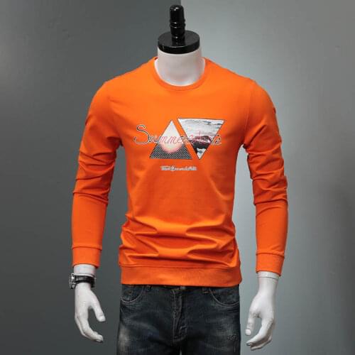 Men Sweatshirt Orange Cotton Crewneck Casual Printed Standard Tracksuit