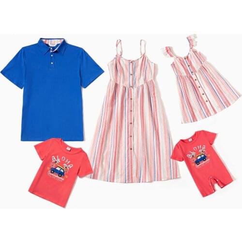 PatPat Mosaic Family Matching Cotton Sets(Stripe Tank Dresses-Solid Short-sleeve Tops-Letter Cartoon Car Print Rompers)